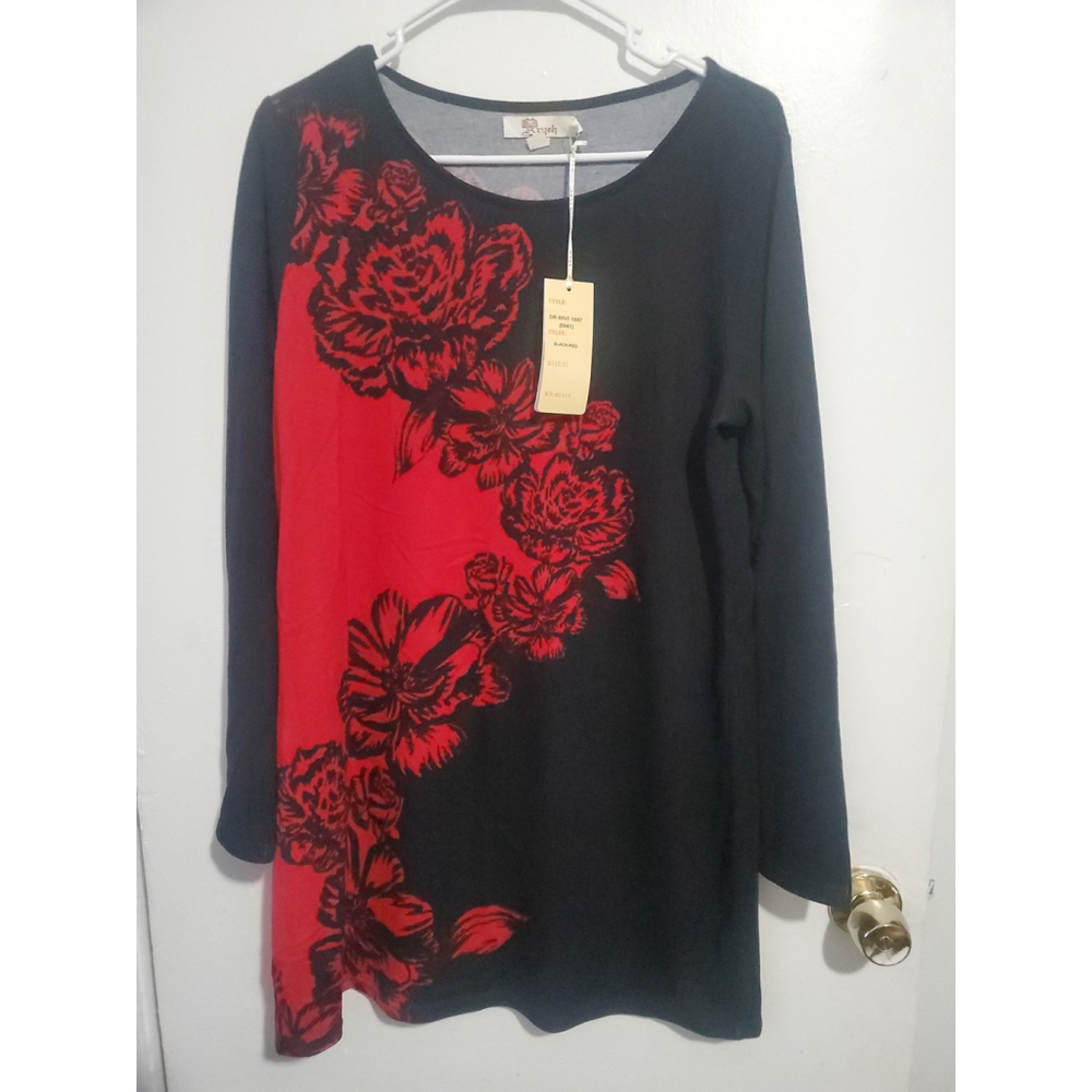 Aryeh Black & Red Floral Knit Long Sleeve Dress, Size XL